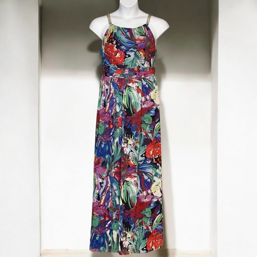 CHAYA Floral Party Dress Maxi Sleeveless Chain Straps Colorful Glam Retro Sz 10